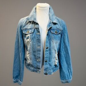 Factory destroyed blue denim Jean jacket size S/M